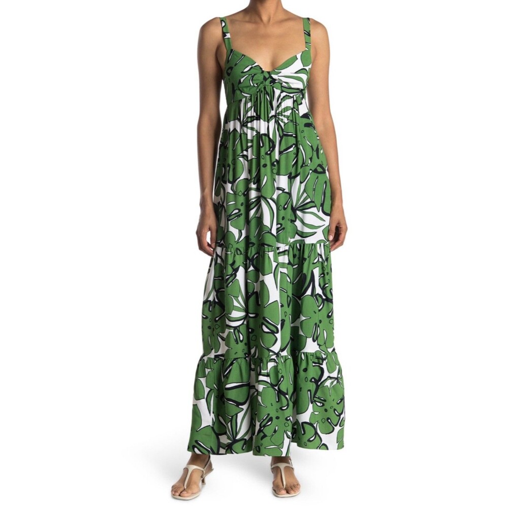 Trina Turk Tropical Palm Print Maxi Dress Size Small Green White Smocked Back